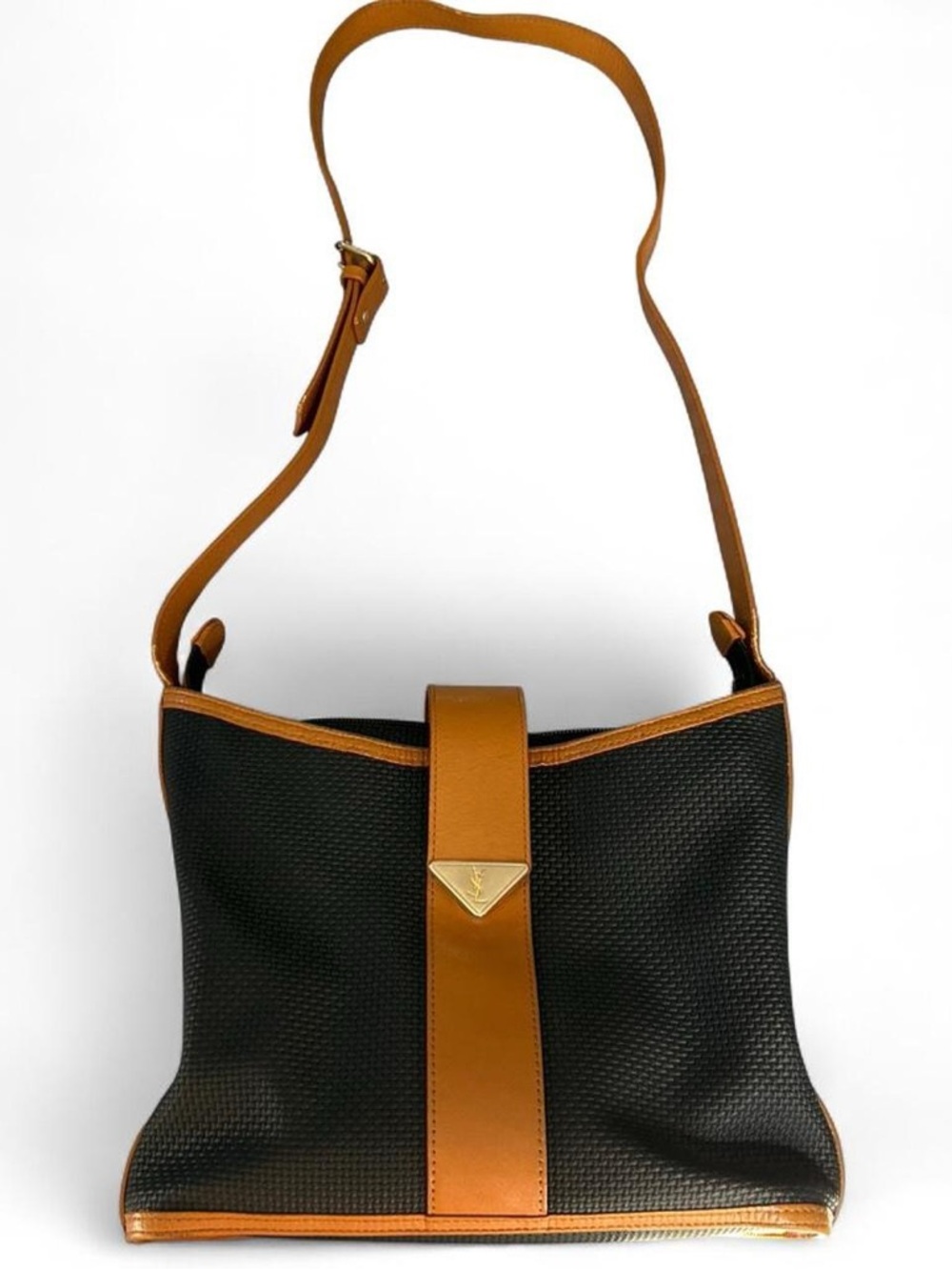 Yves Saint Laurent Black Woven Shoulder Bag with Tan Trim
